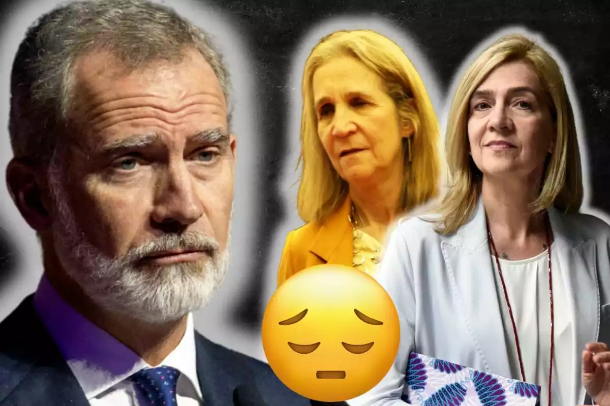 Felipe Vi y las infantas Elena y Cristina con expresiones serias y un emoji de tristeza en el centro de la imagen