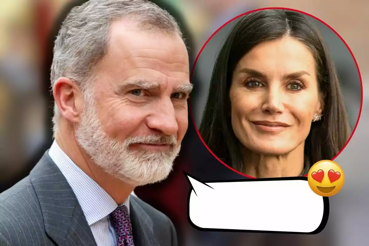 Felipe VI smiles while a circular image of Queen Letizia appears next to him with a heart emoji.