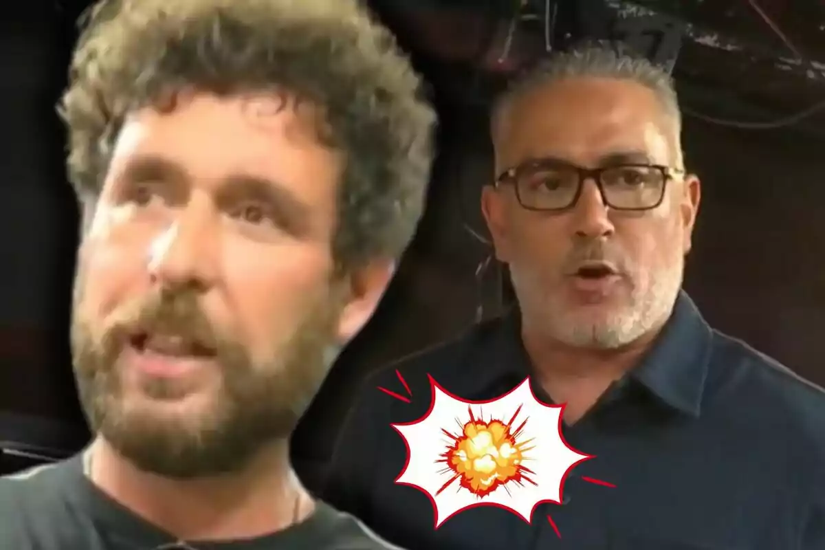 Fran Antón y Kiko Hernández discuten intensamente y en el centro hay un dibujo de explosión que representa un conflicto o enfrentamiento verbal