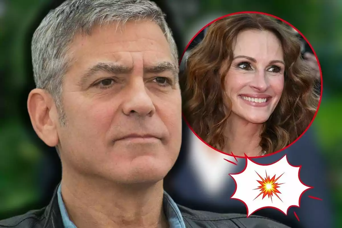 George Clooney with a serious expression and a circular image of Julia Roberts smiling with curly hair in the top right corner.