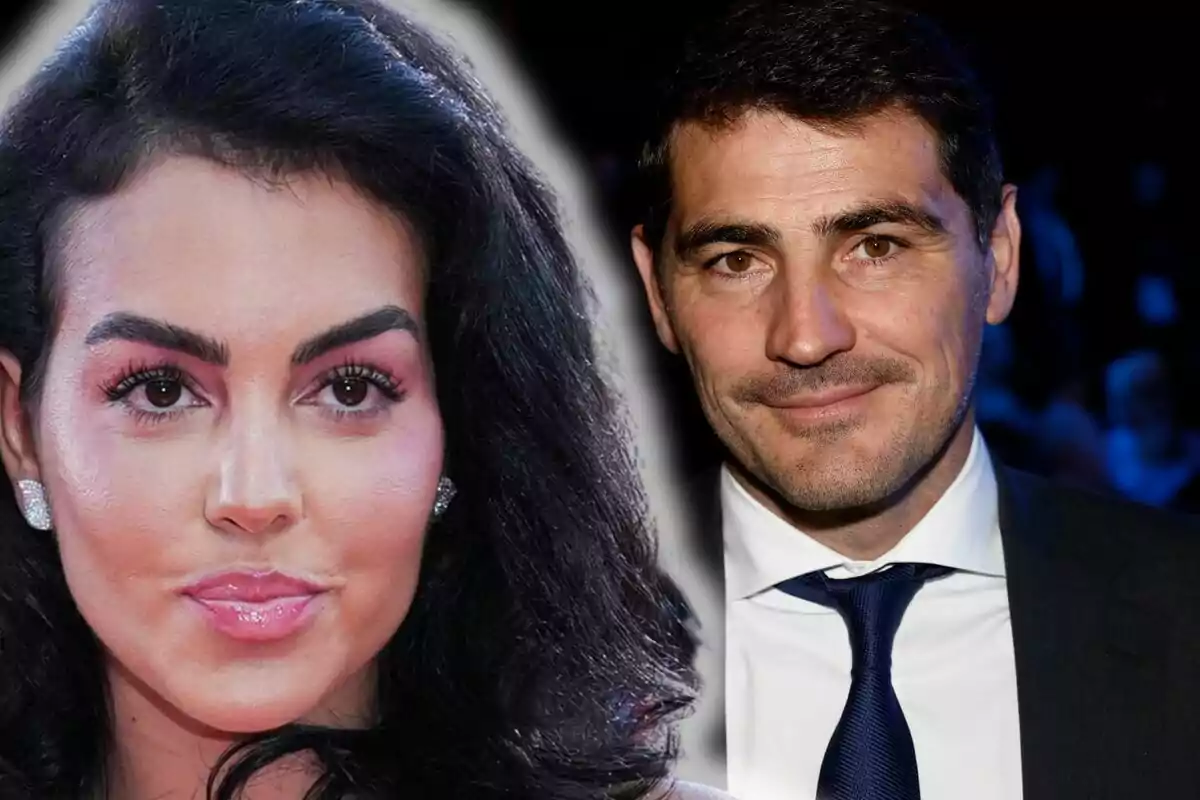 Primer plano de Georgina Rodríguez con maquillaje y cabello oscuro junto a Iker Casillas con traje y corbata sonriendo