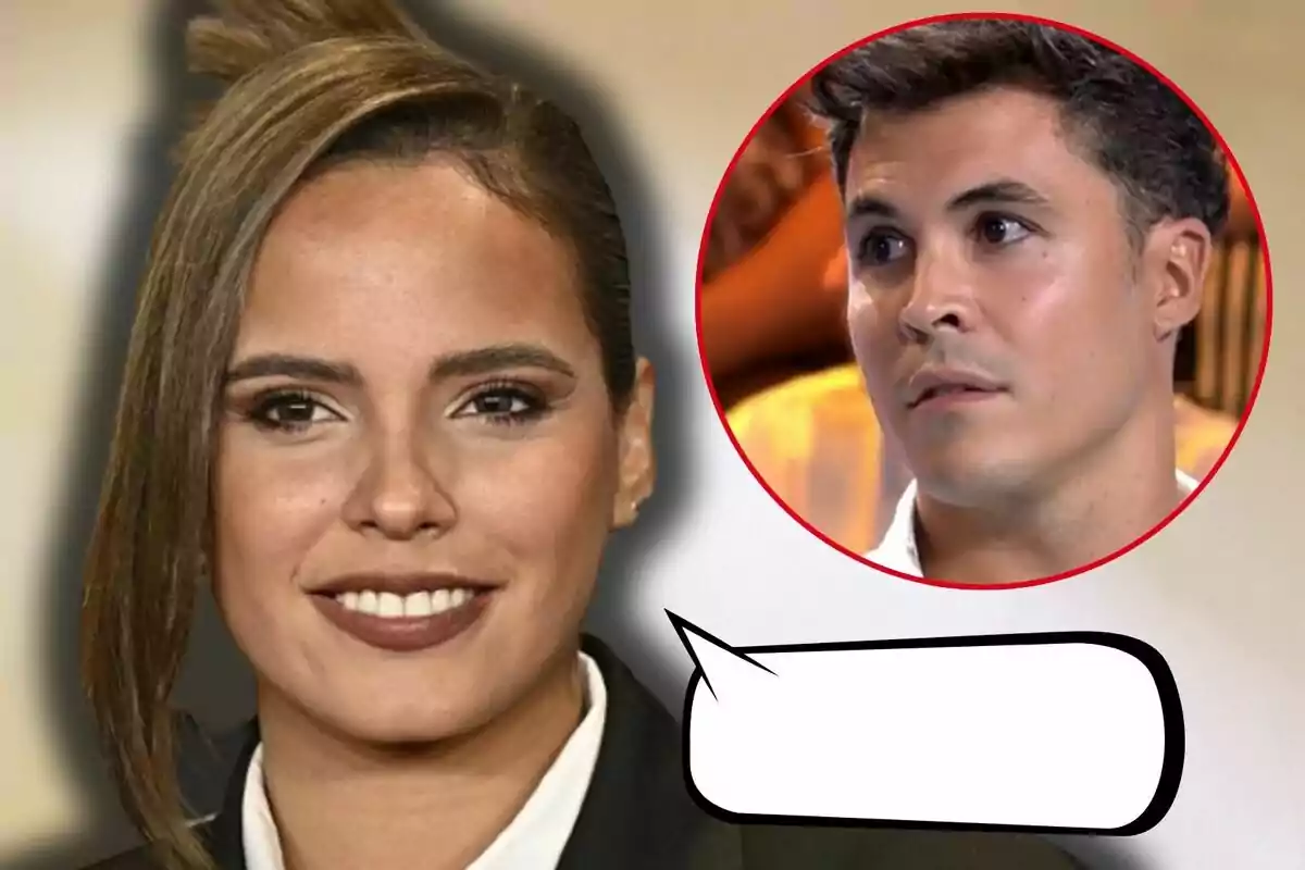 Gloria Camila sonriente con cabello castaño y Kiko Jiménez en un círculo rojo en la esquina superior derecha, con un globo de diálogo vacío en la parte inferior.