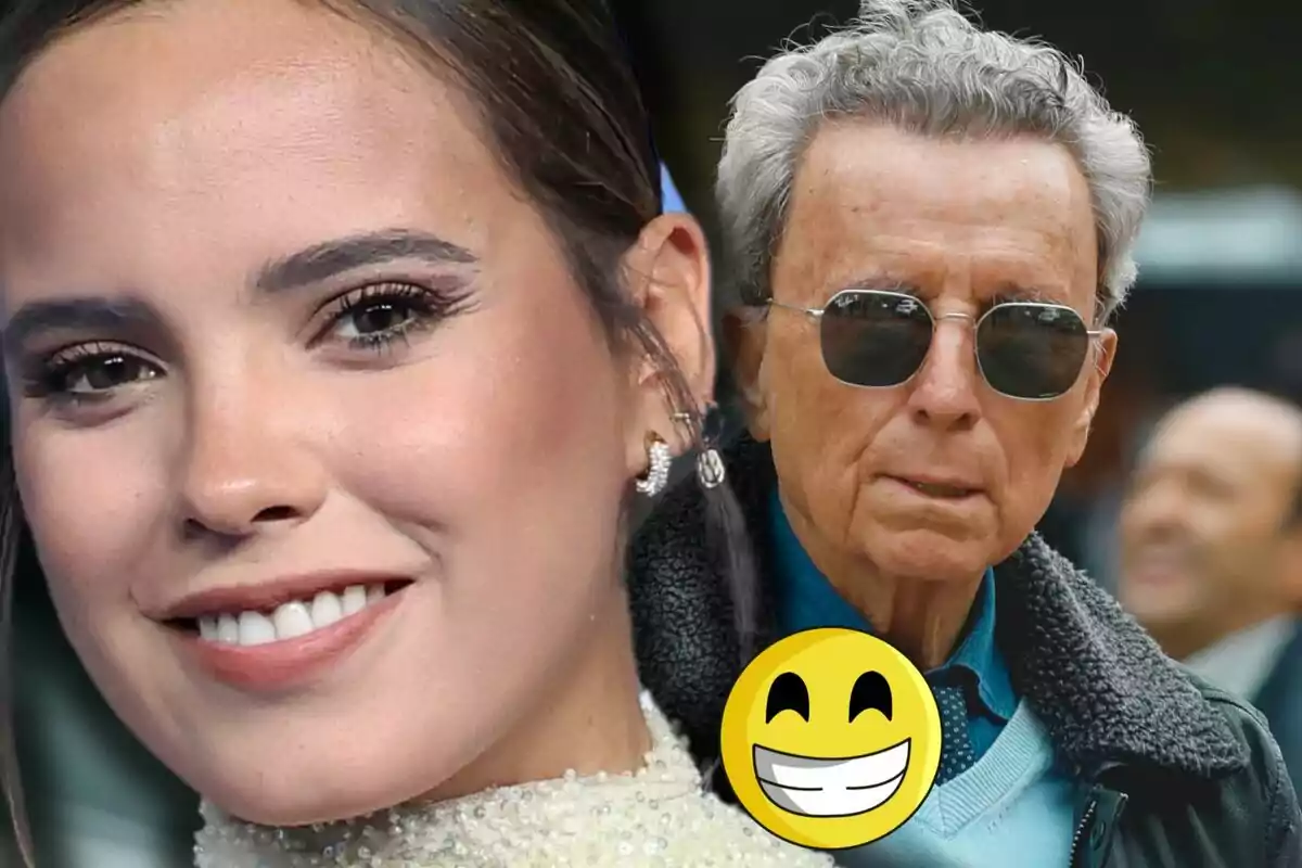 Gloria Camila sonriente en primer plano junto a Ortega Cano con gafas de sol y un emoji sonriente superpuesto.