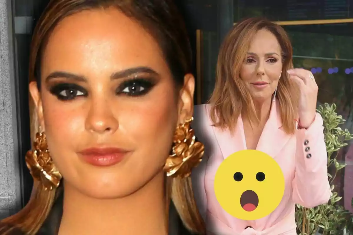 Primer plano de Gloria Camila con maquillaje oscuro en los ojos y grandes pendientes dorados junto a Rocío Carrasco vestida con un traje rosa y un emoji de cara sorprendida sobre su pecho