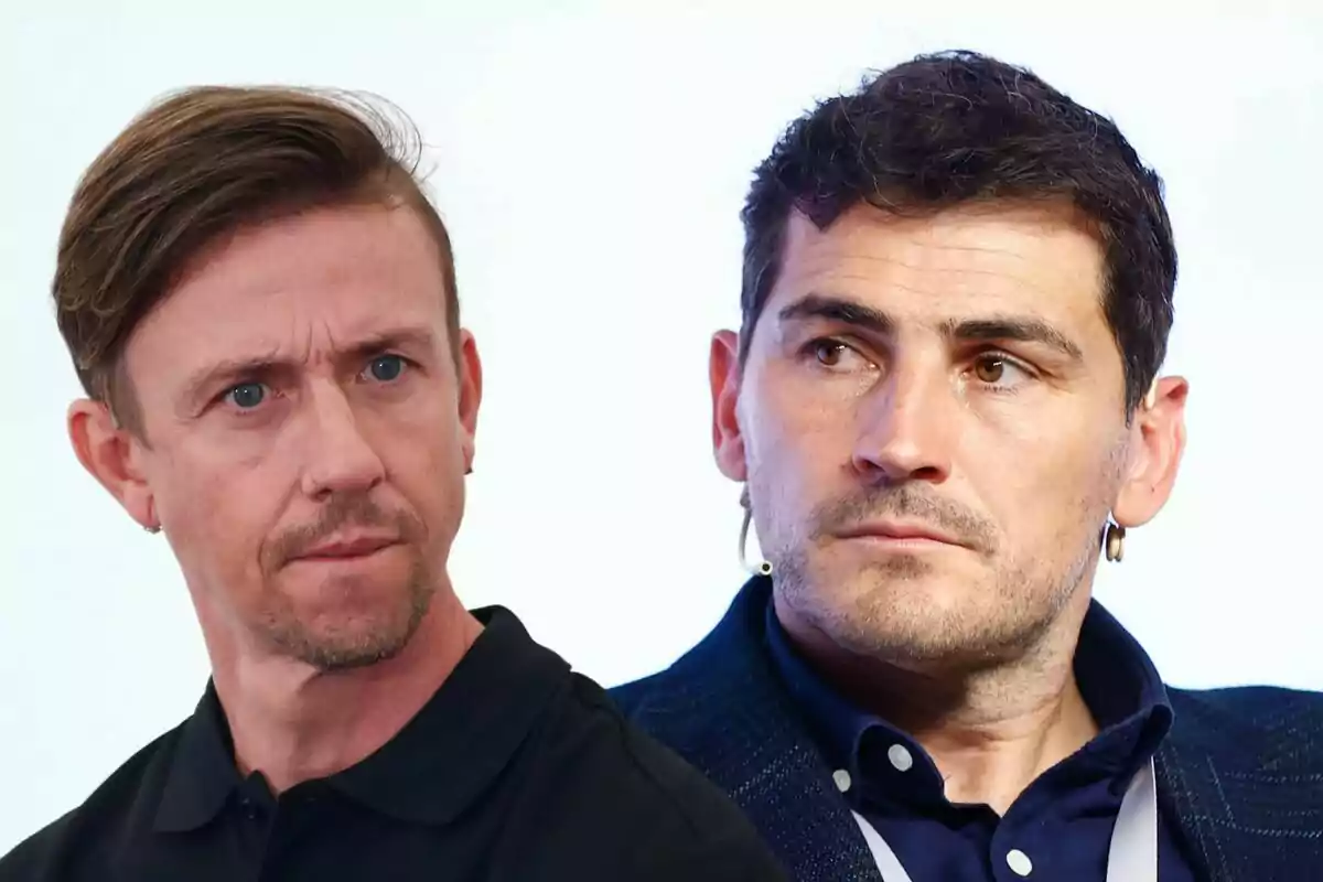 Guti e Iker Casillas con expresión seria, uno con cabello corto y rubio y el otro con cabello oscuro y corto, ambos con barba y usando aretes.