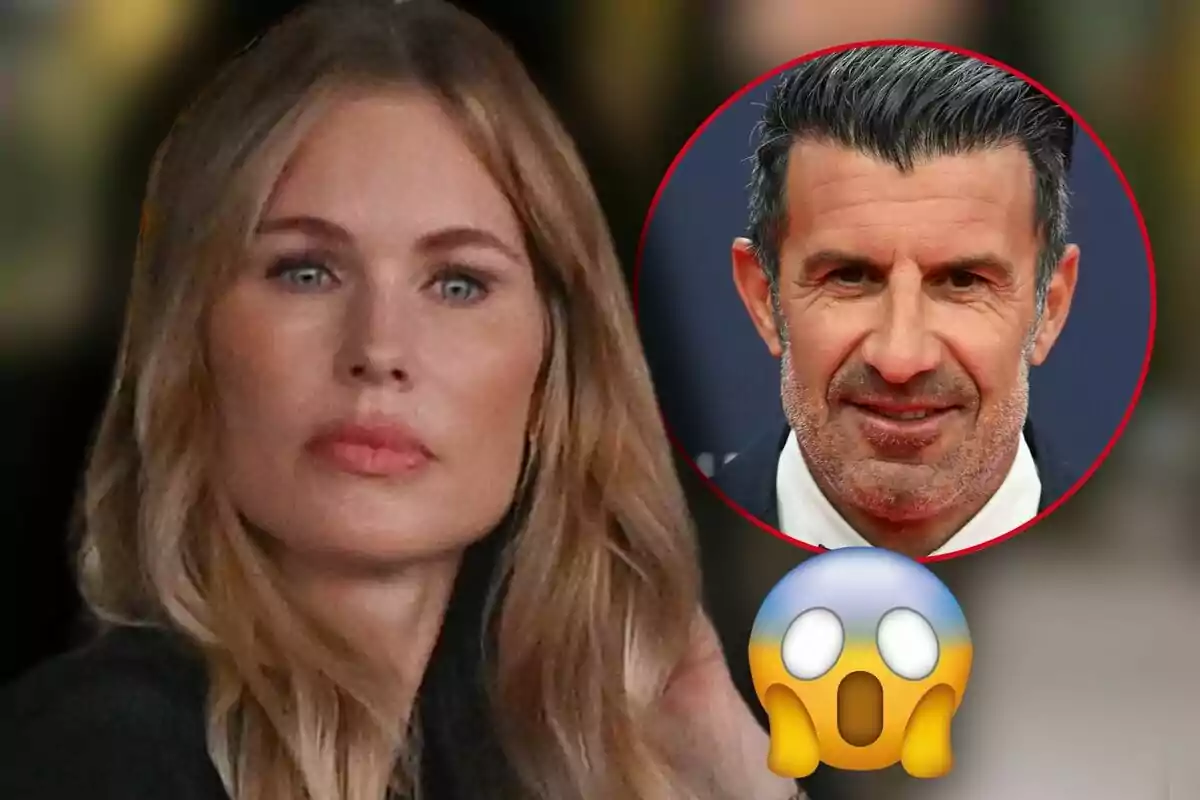 Helen Svedin in the foreground with a red circle containing the image of Luís Figo with a surprised expression represented by an emoji.