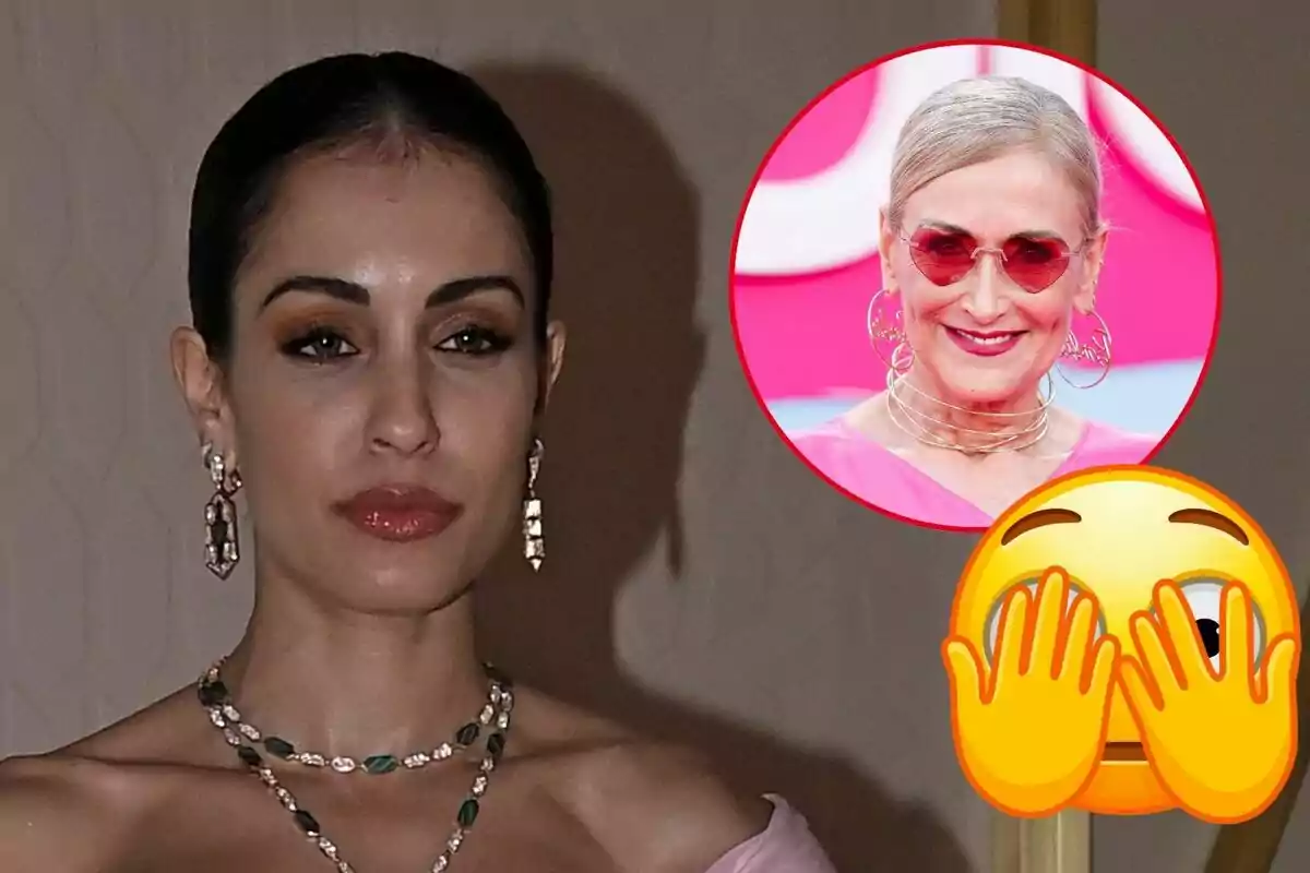 Hiba Abouk con joyas elegantes y un peinado recogido, con una imagen insertada de Cristina Cifuentes con gafas de sol y un emoji de cara sorprendida cubriéndose los ojos.