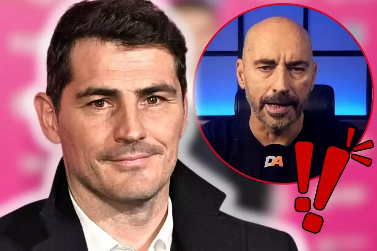 Iker Casillas y Diego Arrabal en un montaje con fondo rosa y un círculo rojo con signos de exclamación.