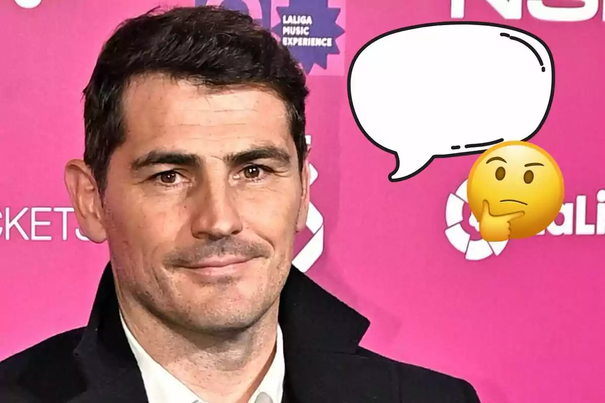 Iker Casillas con fondo rosa y un globo de diálogo vacío junto a un emoji pensativo.