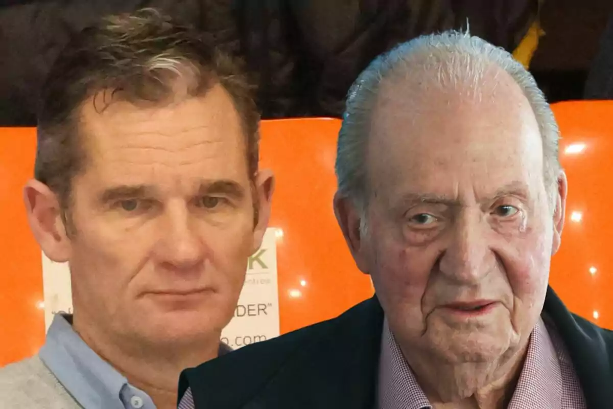 Iñaki Urdangarin and Juan Carlos I, Iñaki with gray hair and Juan Carlos with gray hair, sitting in front of an orange background. Iñaki Urdangarin and Juan Carlos I, Iñaki with gray hair and Juan Carlos with gray hair, sitting in front of an orange background.
