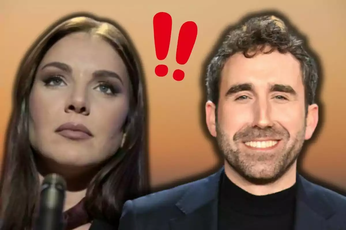 Inés Hernand y Aitor Albizua con expresiones contrastantes, una seria y otra sonriente, con signos de exclamación rojos en el centro sobre un fondo degradado.