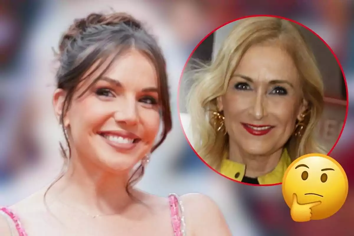 Inés Hernand y Cristina Cifuentes sonrientes, una en primer plano y otra en un círculo superpuesto con un emoji pensativo.