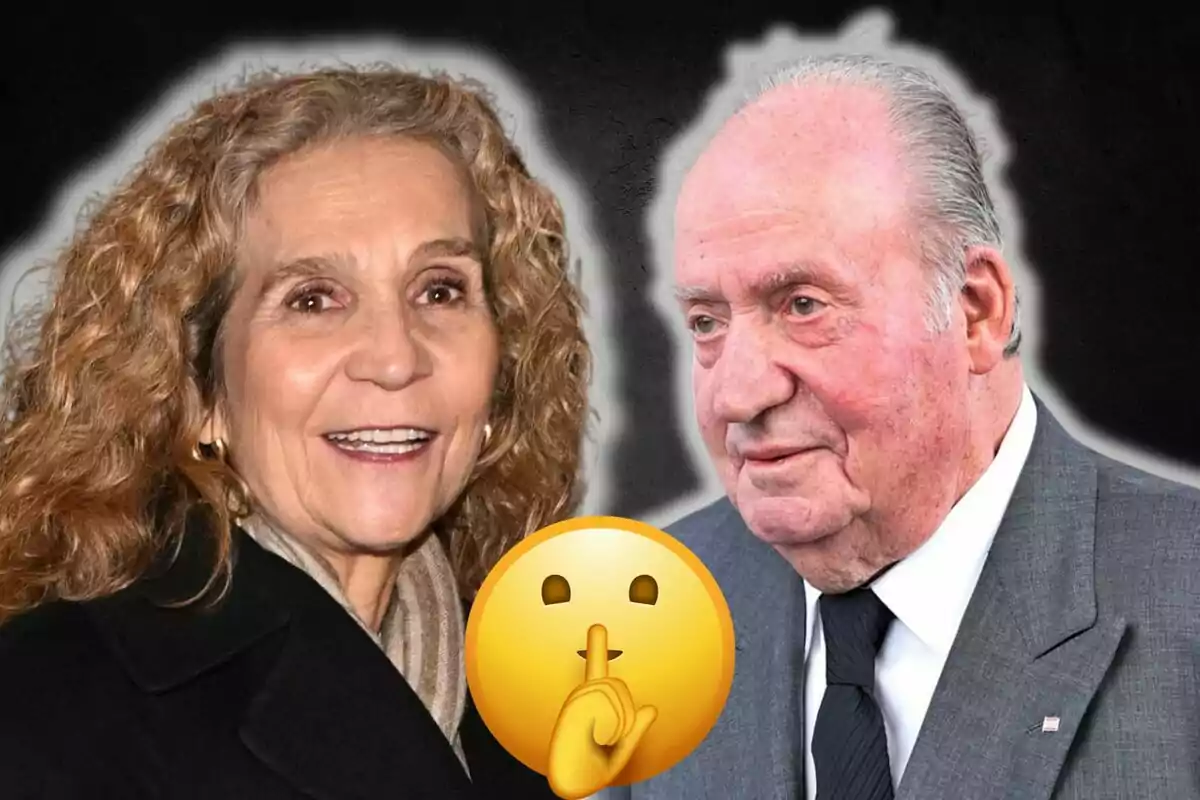 La infanta Elena y Juan Carlos I sonríen mientras un emoji de silencio está superpuesto en el centro de la imagen.