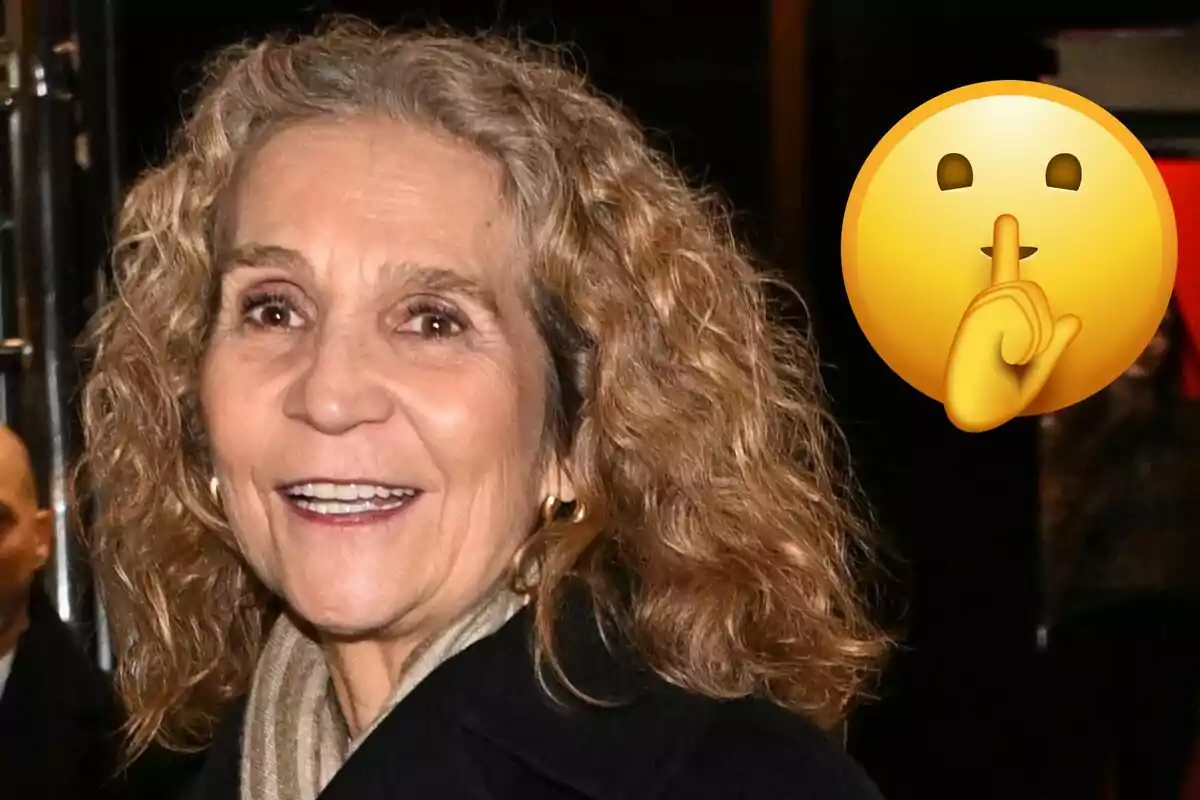 Infanta Elena smiling with curly hair next to a silence emoji.
