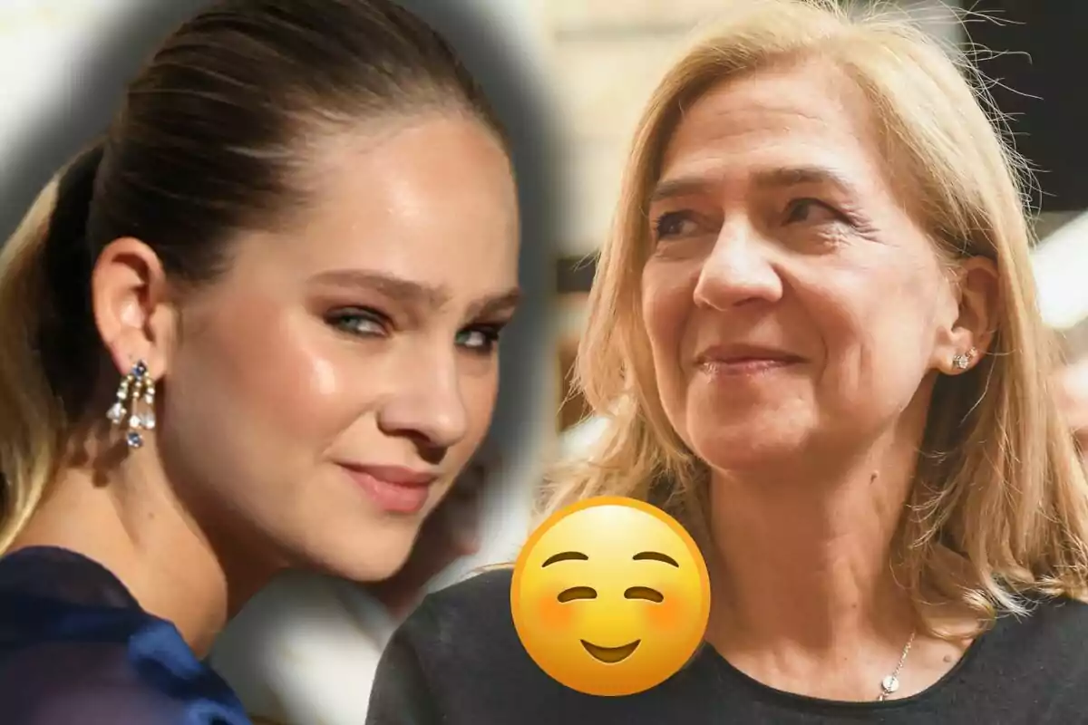 Irene Urdangarin y la infanta Cristina mirando en direcciones opuestas con un emoji sonriente superpuesto en el centro.