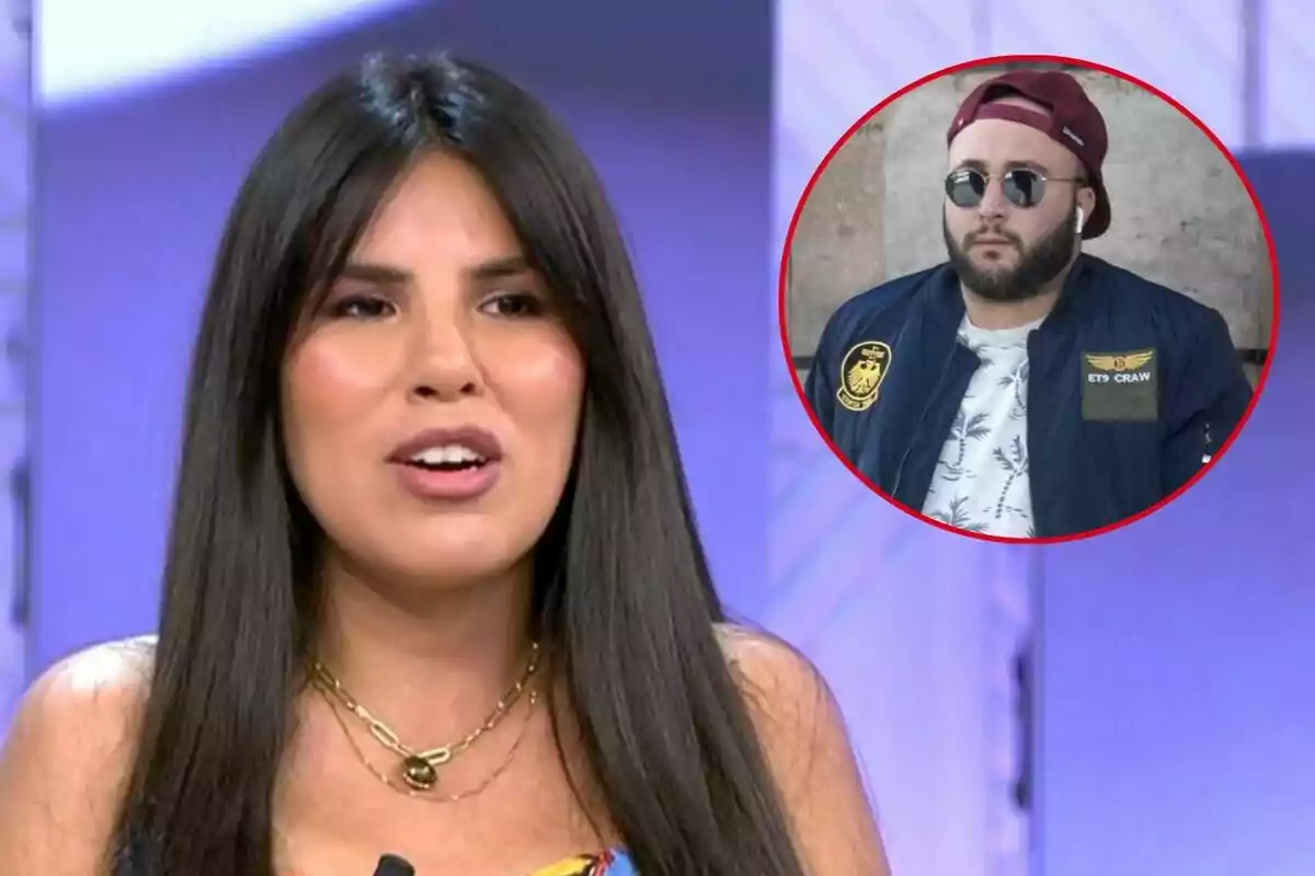 Isa Pantoja de cabello largo y oscuro habla en un programa de televisión, mientras que en un círculo rojo se muestra la imagen de Kiko Rivera con gafas de sol, gorra y chaqueta.