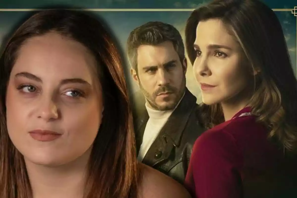 Isabel Bernal en primer plano mira hacia un lado mientras al fondo se ven dos personas, un hombre y una mujer, que parecen estar en una escena dramática.