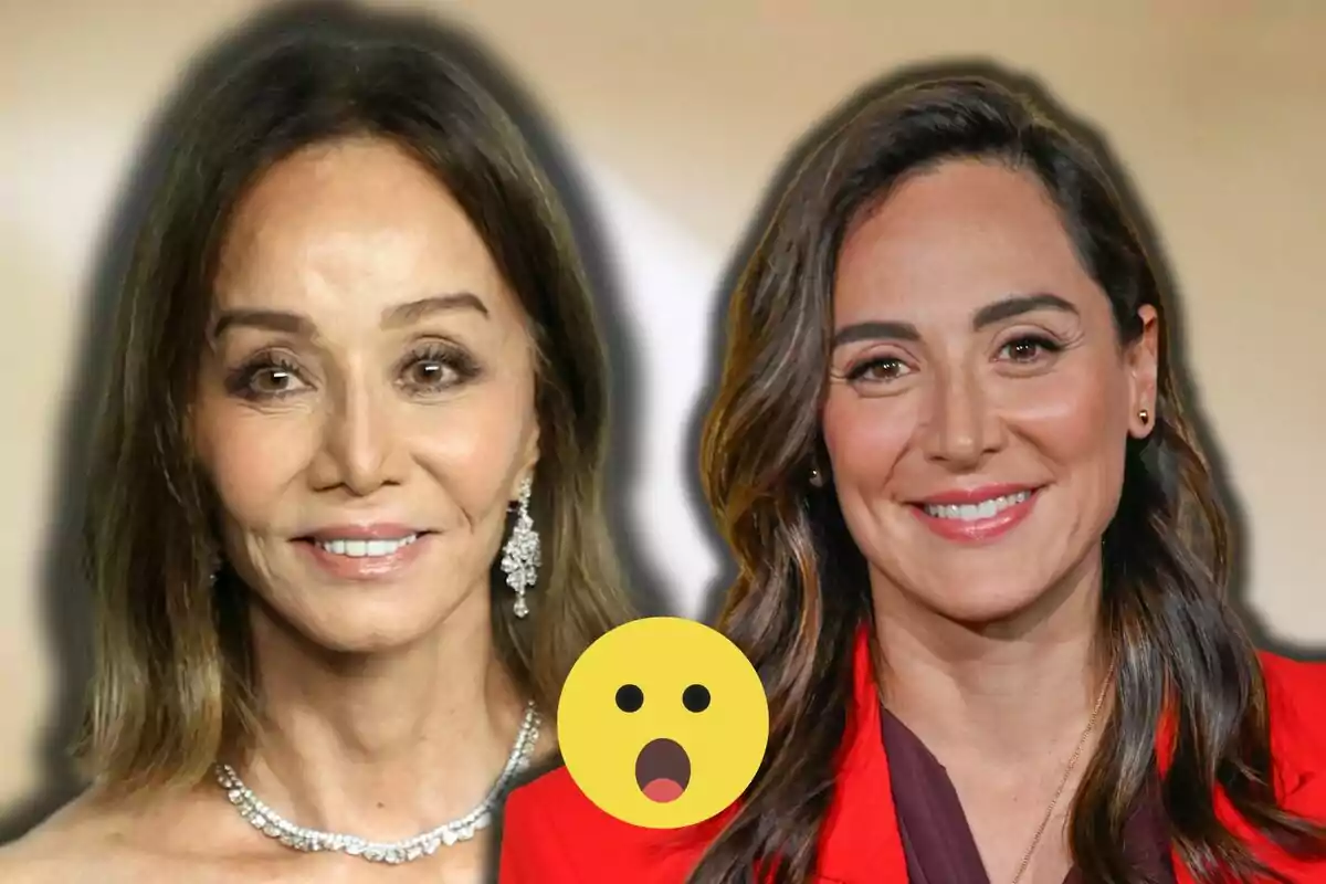Isabel Preysler y Tamara Falcó sonrientes una de mayor edad y otra más joven con un emoji de cara sorprendida en el centro