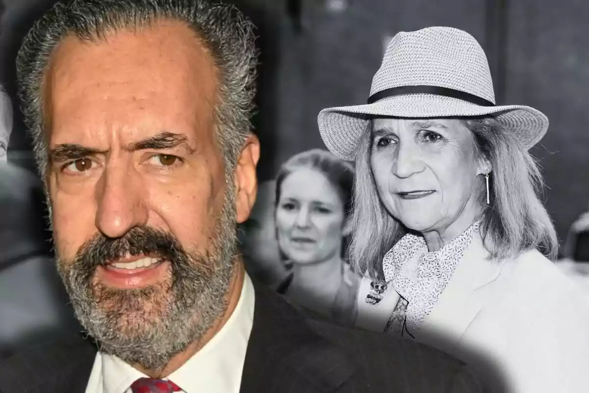 Primer plano de Jaime de Marichalar con traje en color, con el rostro de la infanta Elena con sombrero en blanco y negro al fondo