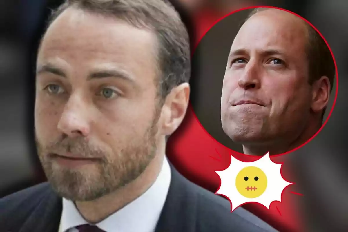James Middleton appears in the foreground while Prince William is shown in a red circle with a serious expression and a face with a closed mouth emoji.