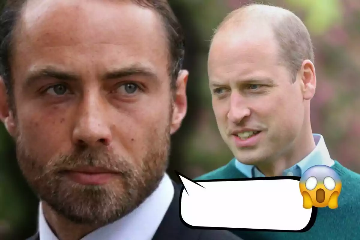 Primer plano de James Middleton con expresión seria, al fondo el príncipe Guillermo con gesto de sorpresa y un globo de diálogo vacío con un emoji de cara asustada