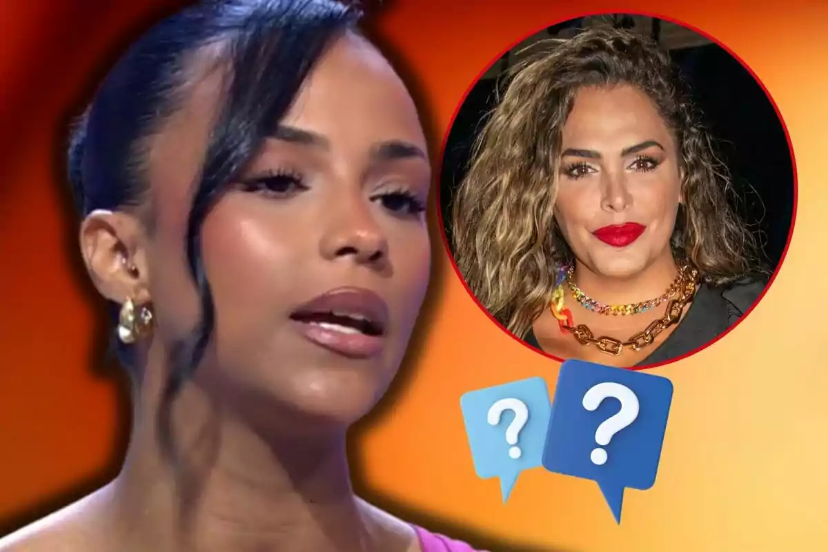 Jeimy Báez aparece en primer plano mientras que en un círculo a su lado se muestra a Amor Romeira con labios rojos, acompañada de dos íconos de signos de interrogación.