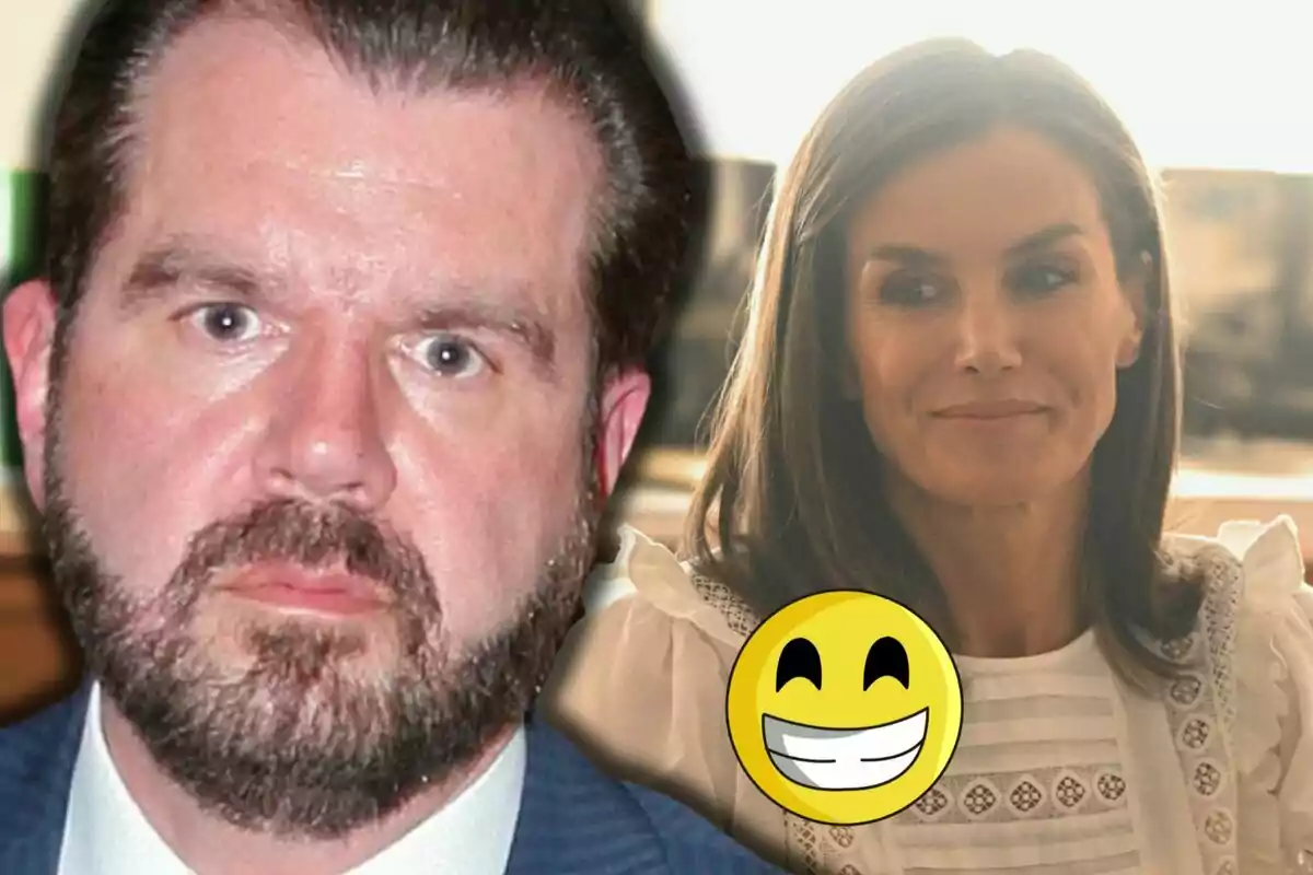 Jesús Ortiz y la reina Letizia sonriente en el fondo con un emoji sonriente superpuesto.