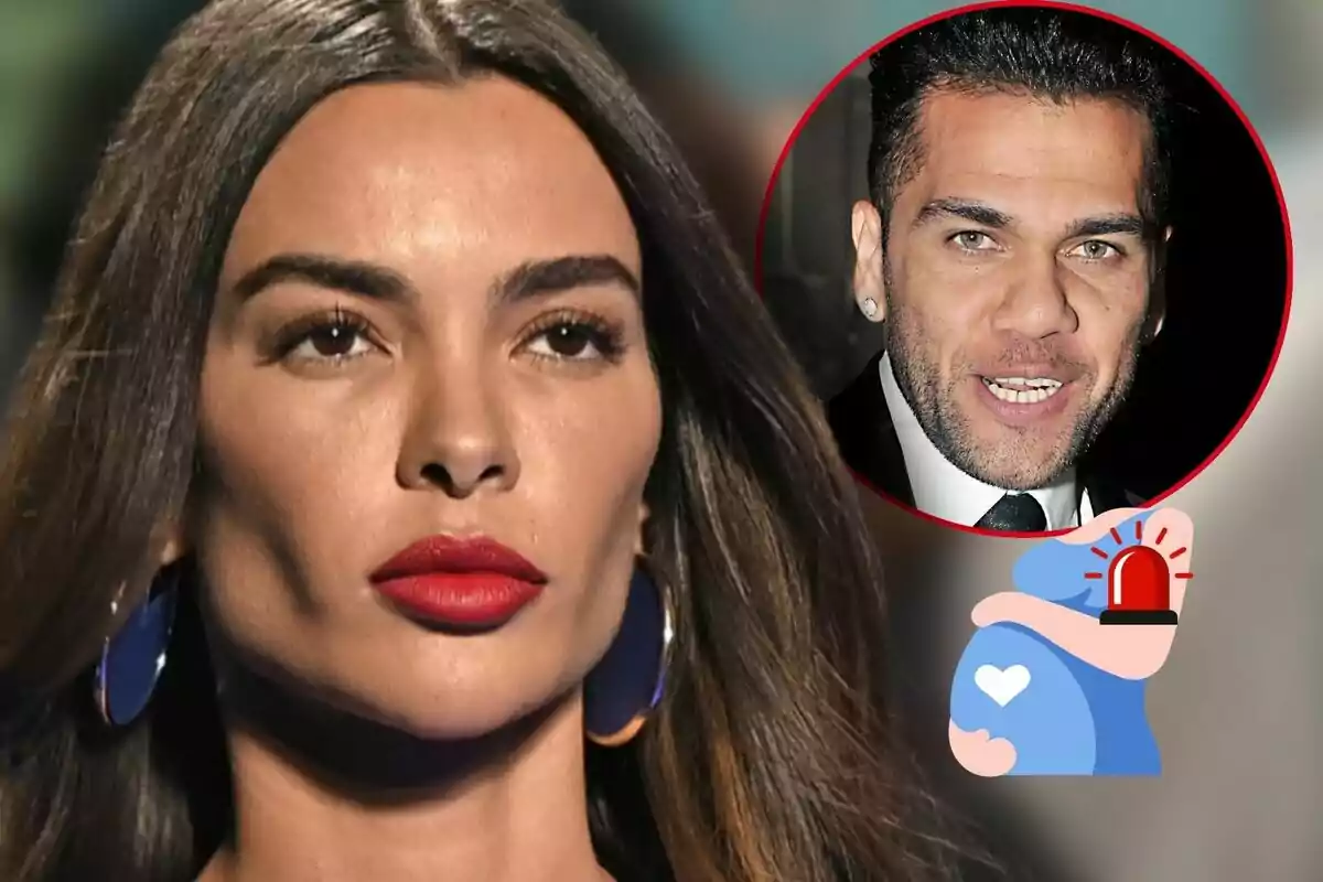 Joana Sanz with red lips and large earrings appears in the foreground, while in the upper right corner there is a box with the image of Dani Alves and an alert graphic.