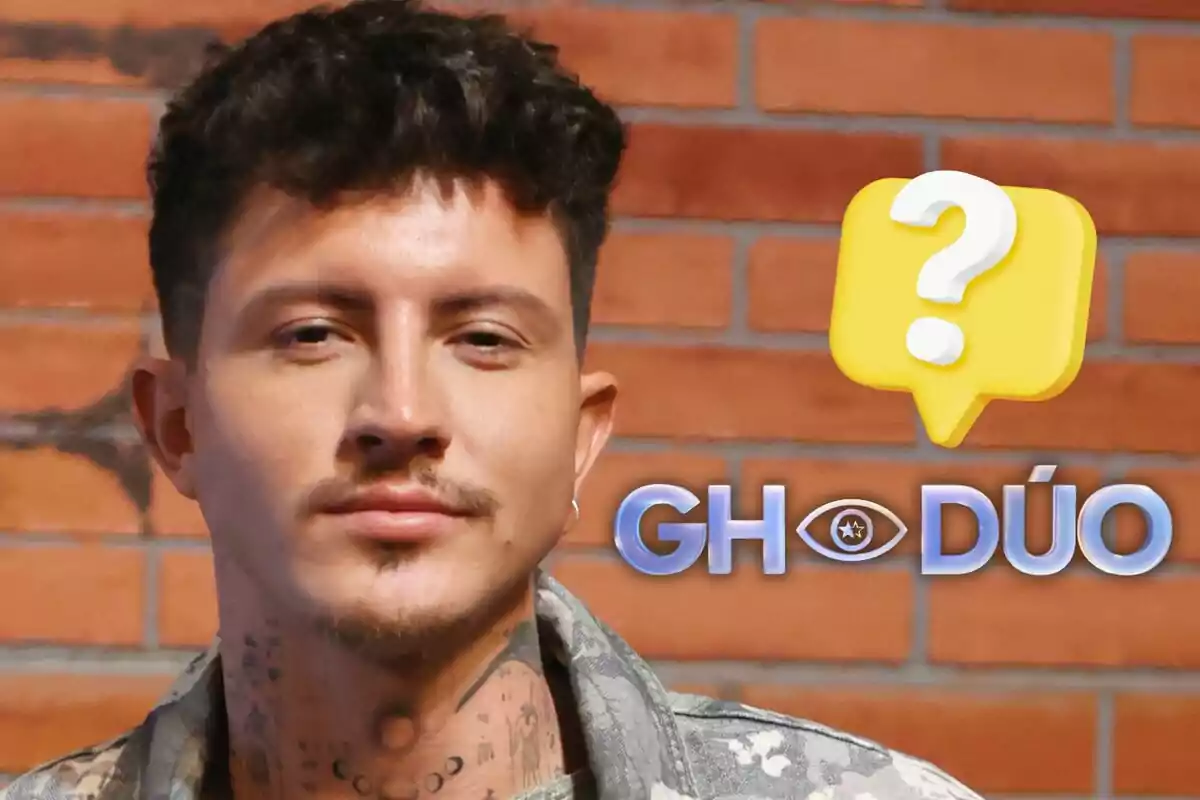 Jonan Wiergo con tatuajes frente a un fondo de ladrillos con el logo de GH Dúo y un icono de signo de interrogación.