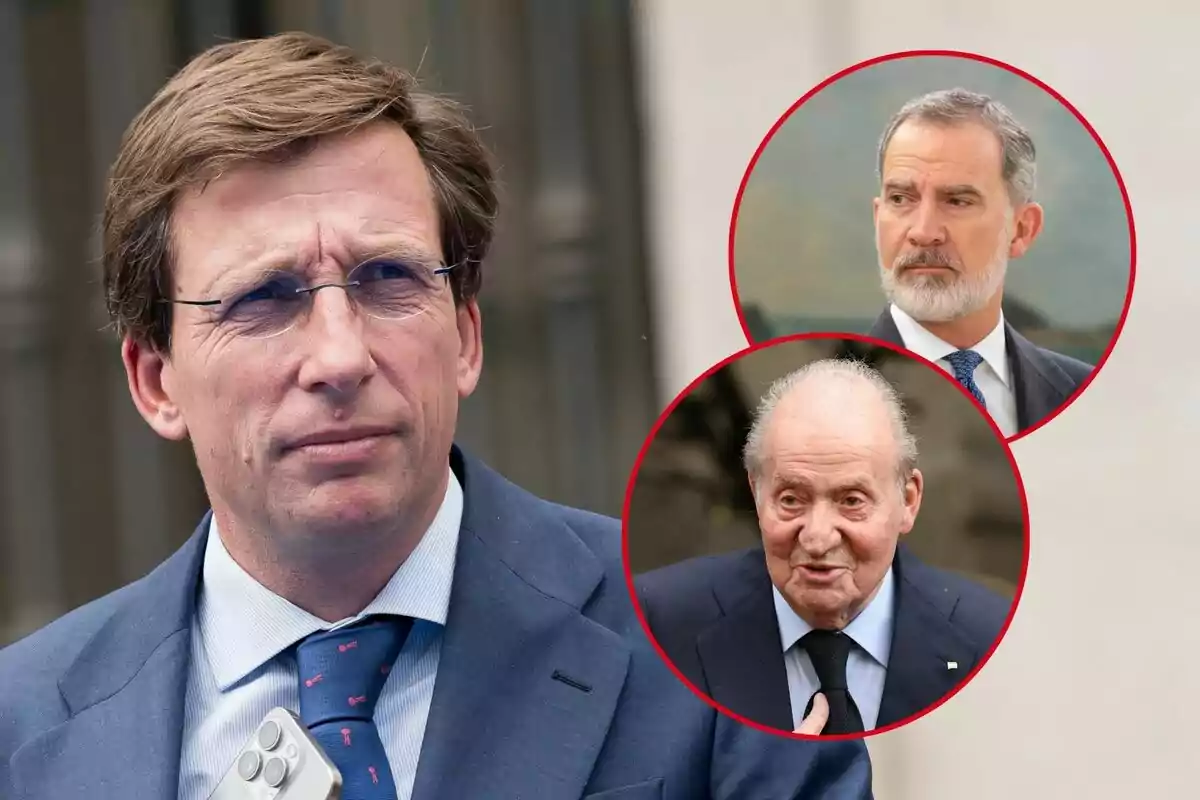 Montaje de un primer plano de José Luis Martínez-Almeida serio en traje azul, Felipe VI serio mirando a un lado en traje gris y Juan Carlos I sonriendo en traje negro