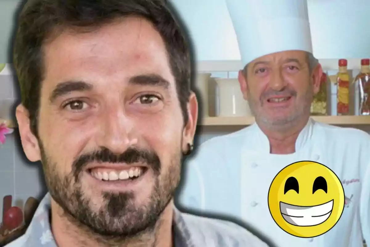 Joseba Arguiñano y Karlos Arguiñano sonrientes, uno con barba y otro con uniforme de chef y gorro, junto a un emoji sonriente.