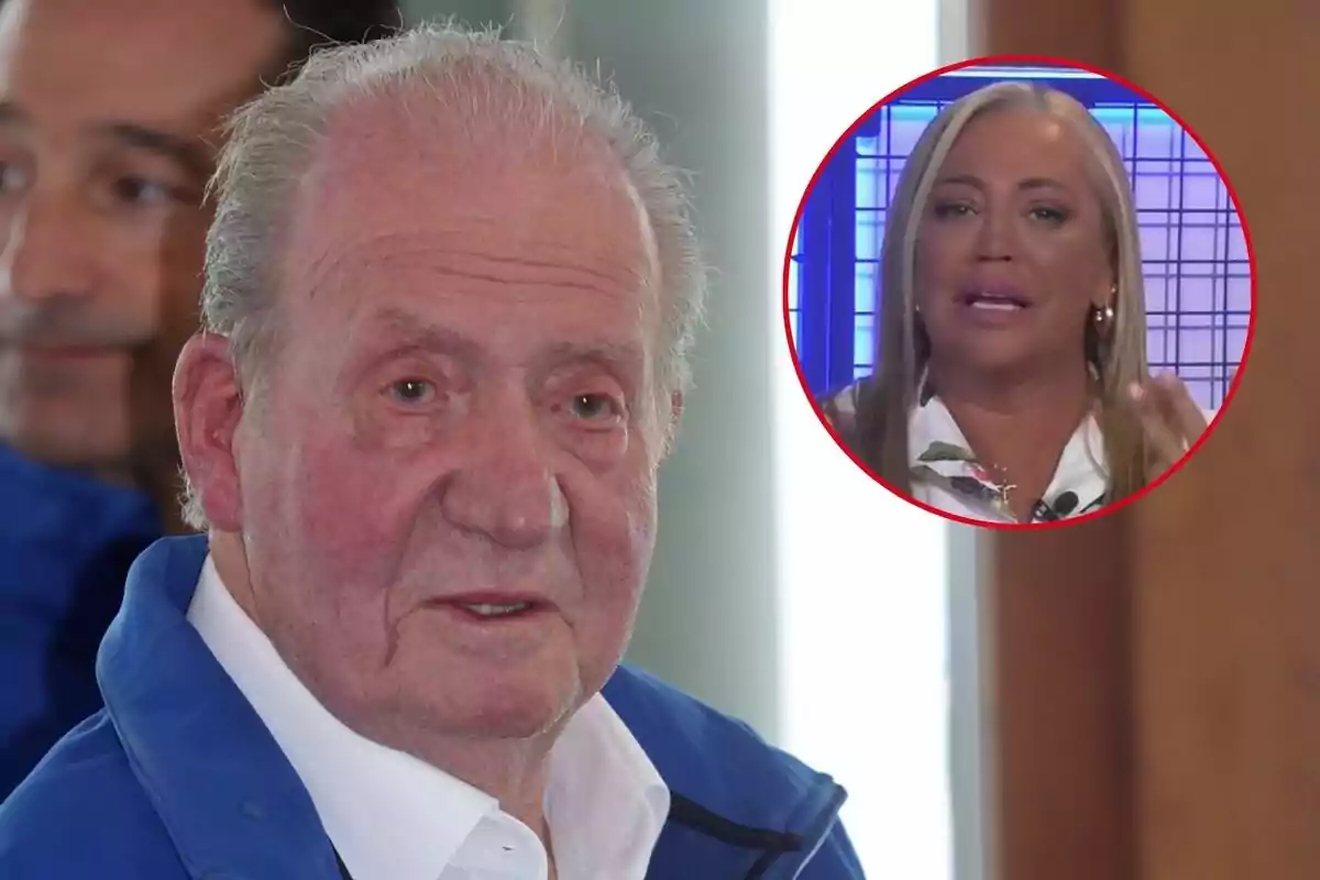 Juan Carlos I con chaqueta azul aparece en primer plano mientras en un recuadro circular se muestra a Belén Esteban hablando en un set de televisión.