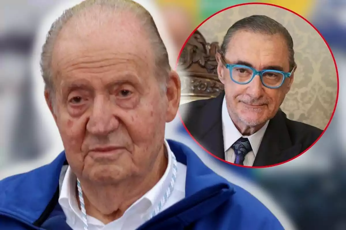 Juan Carlos I y Carlos Herrera uno en primer plano y otro en un recuadro circular con gafas azules.