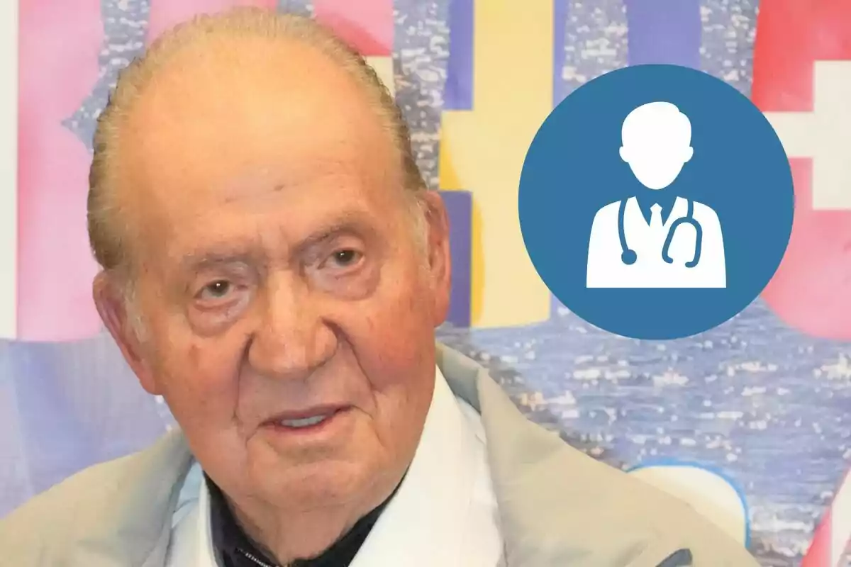 Juan Carlos I with a colorful background and a medical icon in the top right corner
