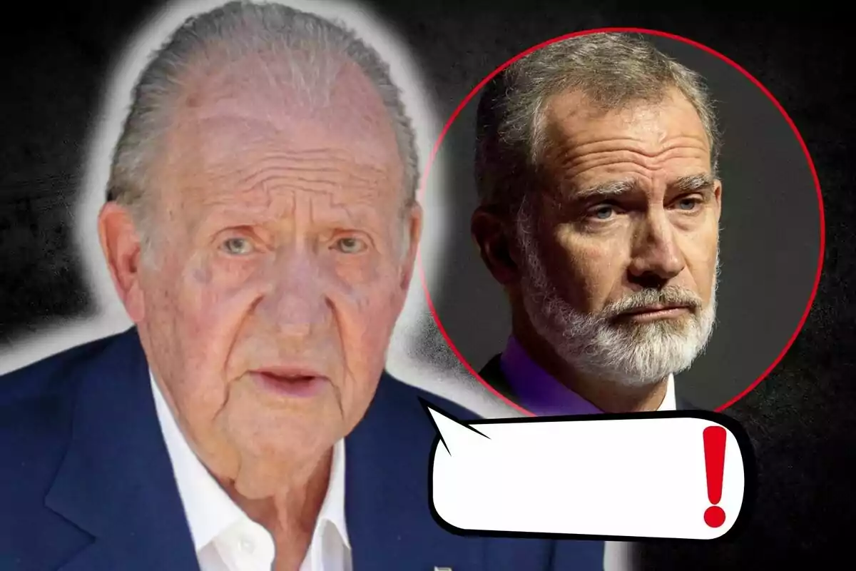 Juan Carlos I y Felipe VI, uno en primer plano con expresión seria y otro en un círculo rojo al fondo, con un bocadillo de diálogo vacío y un signo de exclamación rojo.