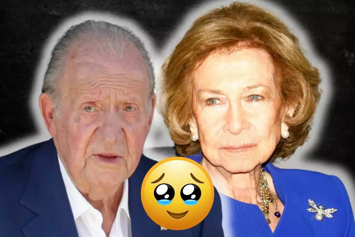 Juan Carlos I and Queen Sofía with a serious expression and a crying face emoji in the center