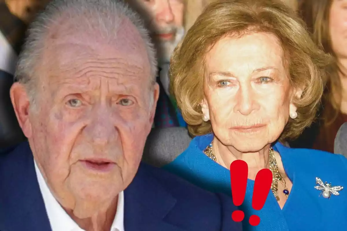 Juan Carlos I y la reina Sofía con expresiones serias y dos signos de exclamación rojos frente a ellos