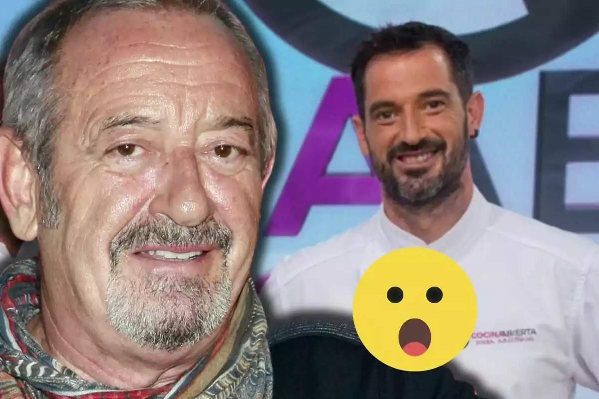Karlos y Joseba Arguiñano posan frente a la cámara, uno de ellos lleva una chaqueta de chef y hay un emoji de cara sorprendida sobrepuesto en la imagen.