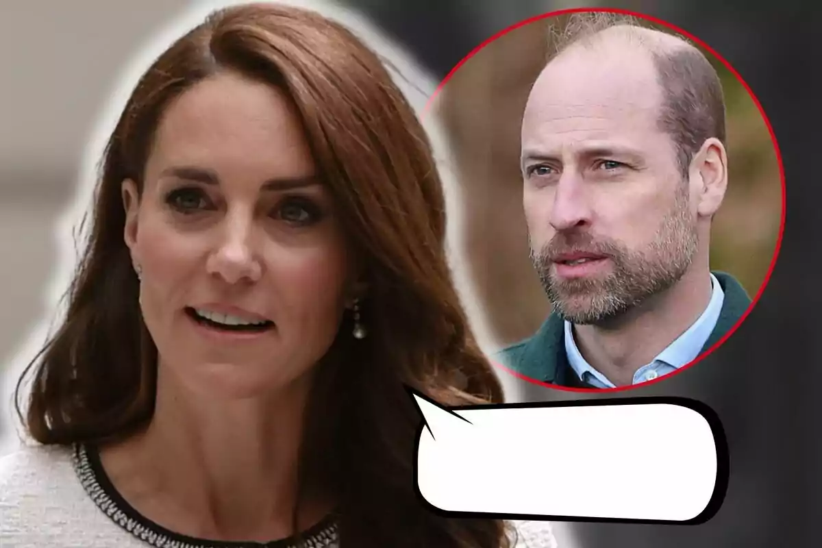 Kate Middleton with a serious expression appears in the foreground, while Prince William is shown in a red circle in the background, both with a blurred background.