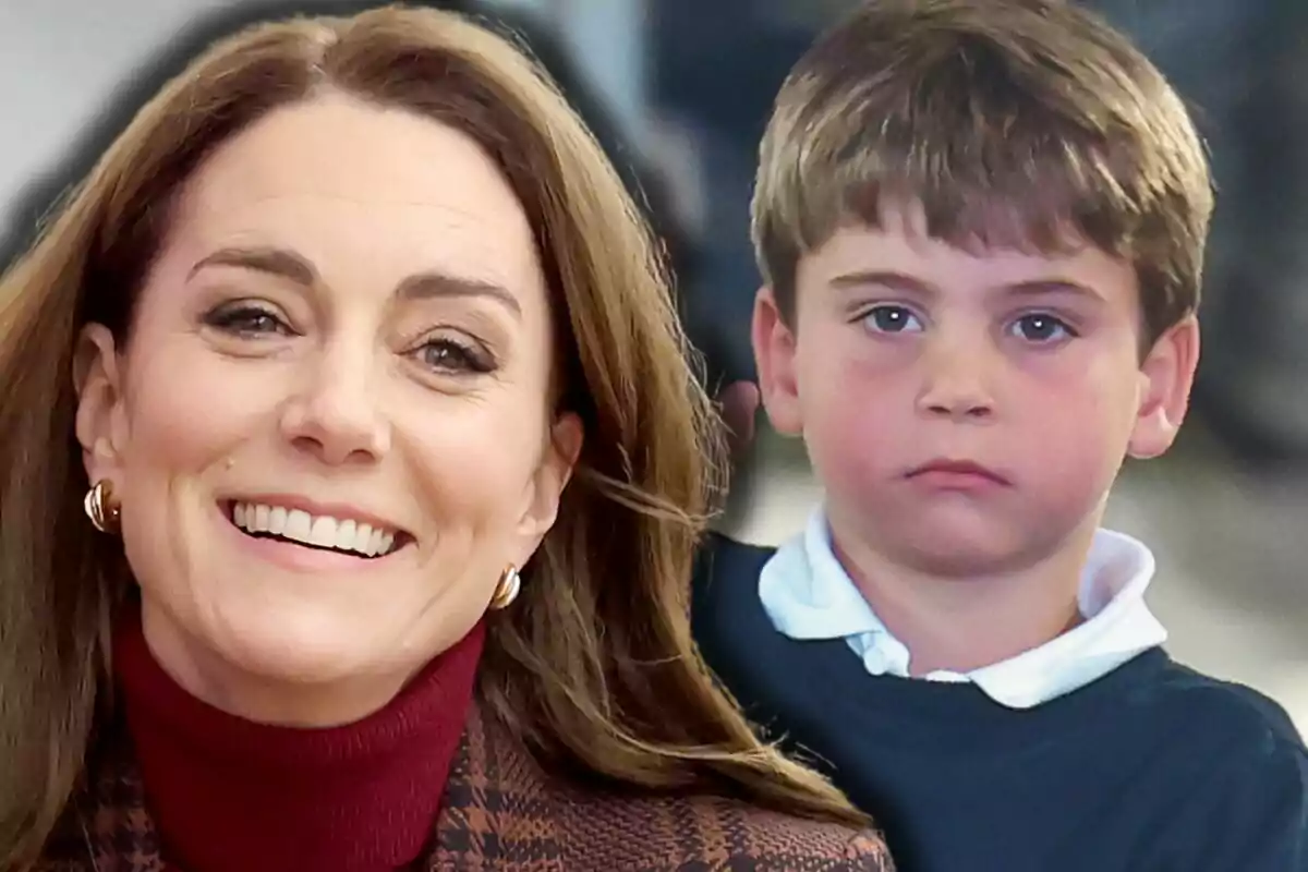 Kate Middleton smiling with brown hair and Prince Louis with a serious expression in the background.