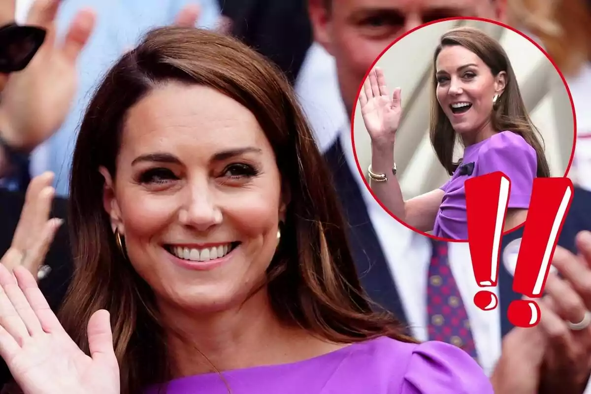 Kate Middleton sonriente con un vestido morado saluda a la cámara, con una imagen insertada en un círculo rojo que muestra a Kate en una pose similar, acompañada de signos de exclamación rojos.