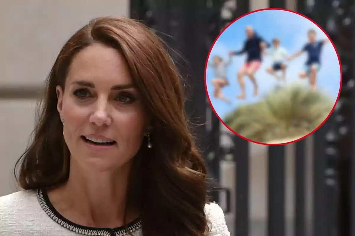Kate Middleton con cabello castaño y largo, con una expresión facial neutral, está en primer plano. En la esquina superior derecha de la imagen, hay un círculo rojo que contiene una foto borrosa del príncipe Guillermo con sus hijos saltando en el aire, aparentemente en un entorno al aire libre.