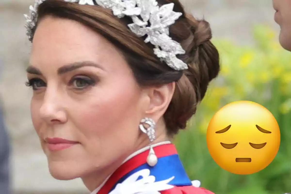 Kate Middleton wearing a tiara and elegant earrings looking serious while a sad emoji appears next to her