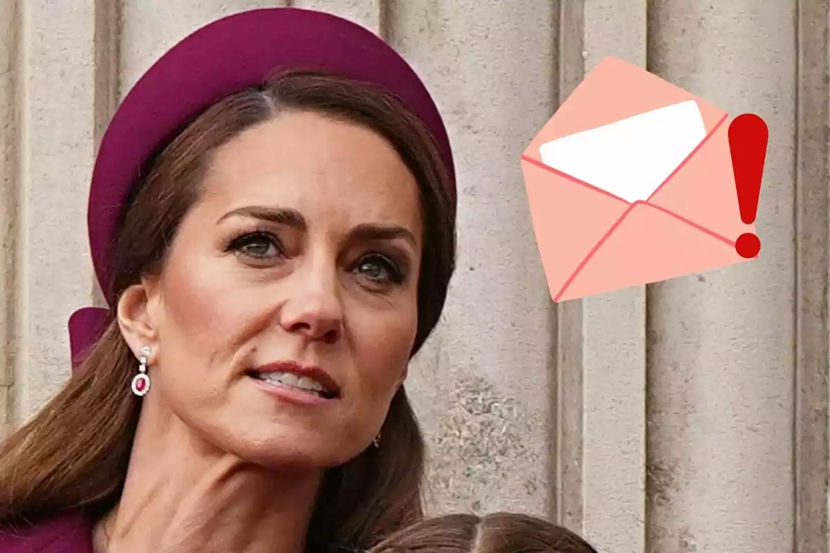 Kate Middleton with a purple hat and an envelope icon with an exclamation mark next to it.