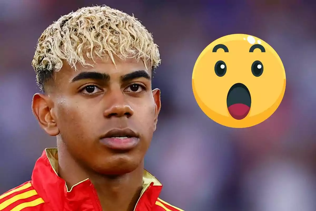 Lamine Yamal in a red sports jacket with a surprised face emoji next to him