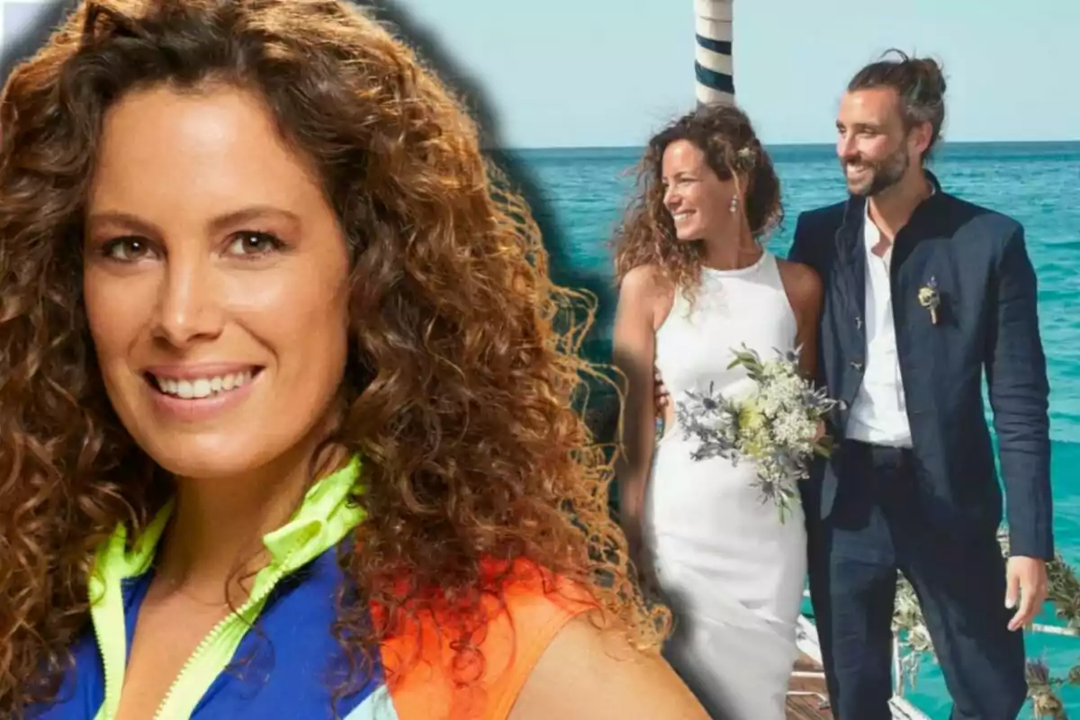 Laura Madrueño with curly hair smiles in a close-up, while in the background she and Álvaro Puerto are seen dressed for a wedding by the sea.