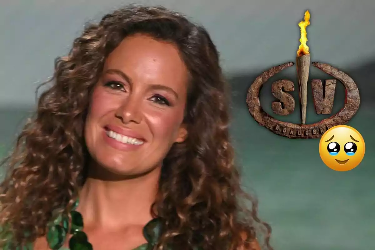 Laura Madrueño sonriente con un collar verde, al fondo el logo de un programa de televisión y un emoji de carita con ojos llorosos