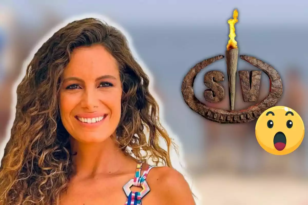 Laura Madrueño sonriente con cabello rizado y un logotipo de 'Supervivientes' junto a un emoji sorprendido.