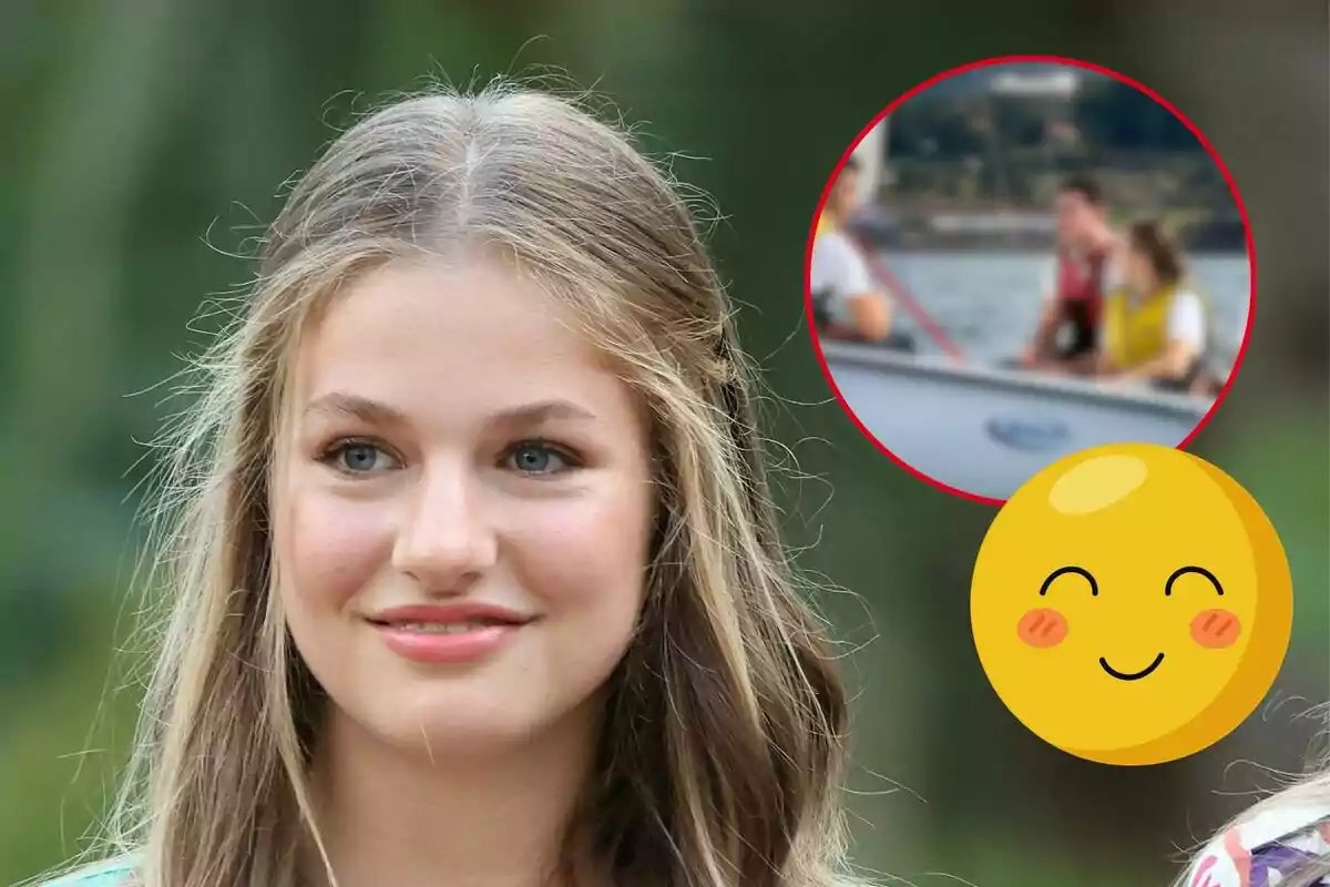 Leonor con cabello rubio y ojos azules sonríe, con un círculo en la esquina superior derecha que muestra a personas en un bote y un emoji sonriente en la esquina inferior derecha.