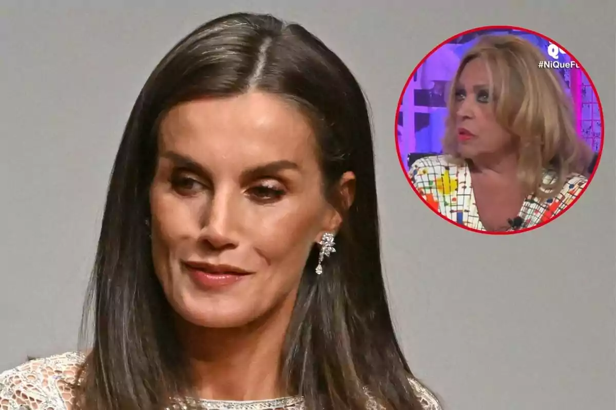 Letizia con cabello oscuro y aretes brillantes aparece en primer plano mientras en un recuadro se ve a Lydia Lozano rubia en un entorno colorido.